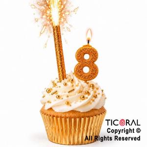 SET BENGALA Y VELA NUMERAL NUMERO 8 CON GIBRE ORO